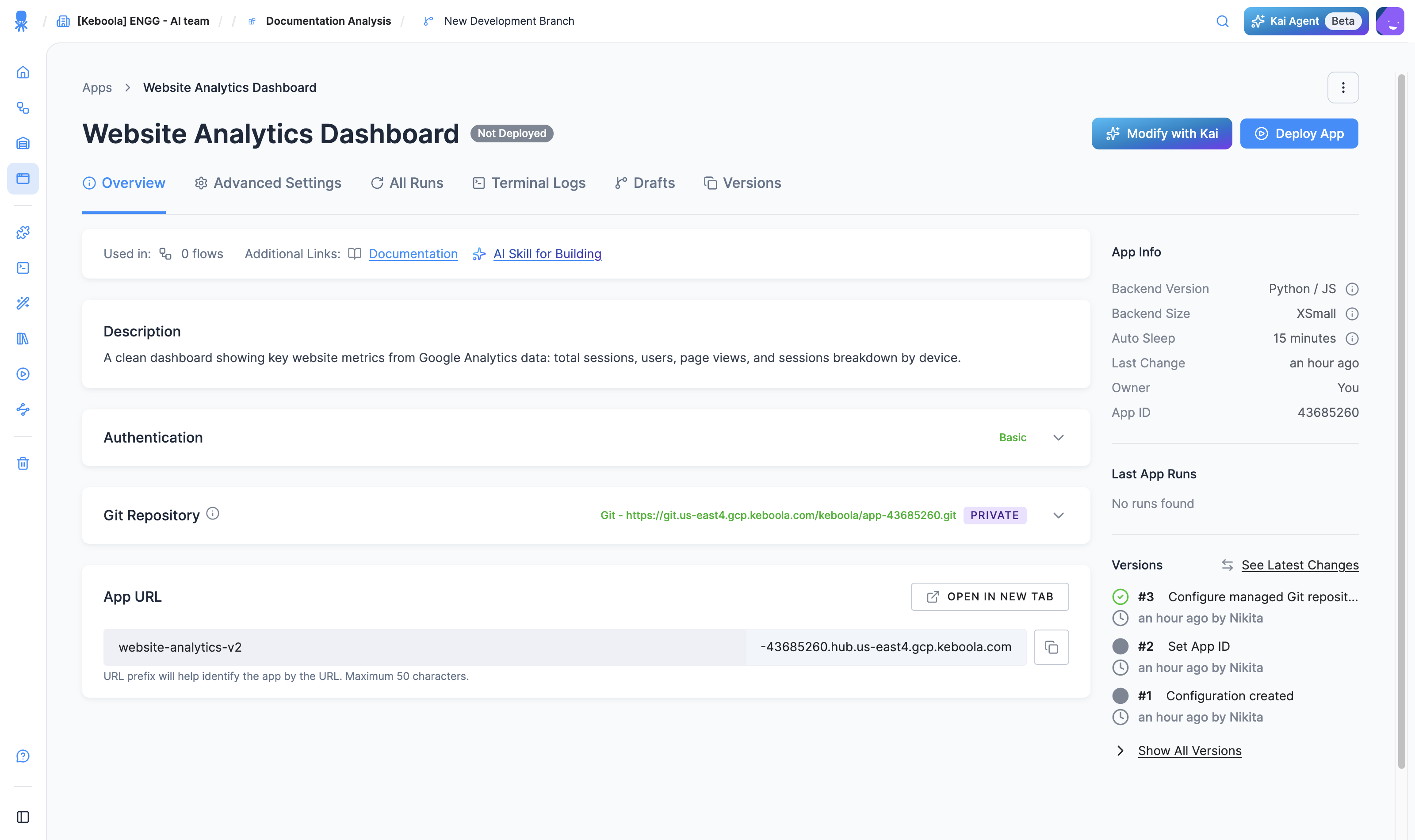 A Python/JS app's configuration page: the Overview tab with Authentication and a Git Repository section, and an App Info panel showing the Python / JS backend, size, and auto-sleep